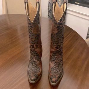 Cowboy boots brown leather with black lace appliqué. One of a kind. Brand new!